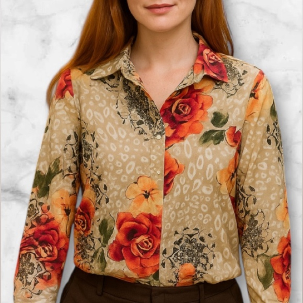 Chicos Floral No Iron Easy Care Long Sleeve Blouse Top Autumn Size M 8 - Picture 9 of 13